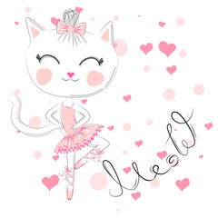 Obraz na płótnie Canvas cute white cartoon cat in ballet tutu, kitty girl in a pink skirt