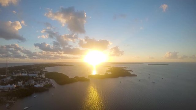 Aerial footage of a sunset over Islamorada. Florida Keys, FL.