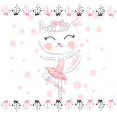 cute white cartoon cat in ballet tutu, kitty girl in a pink skirt