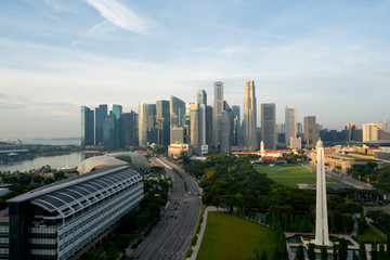 Panorama of Singapore business district skyline and Singapore skyscraper with War Memorial Park in morning at Marina Bay, Singapore.