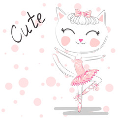 Hand Drawn Cute Cat, ballerina illustration, children print