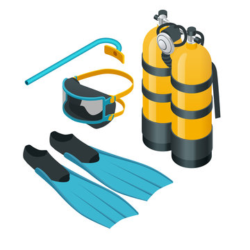 Isometric Diving Equipment. Aqualung Mask Tube And Flippers For Diving Vector Illustration Isolated On White Background. A Set Of Scuba Gear Set Up.