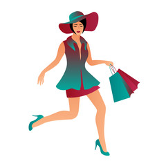 Running beautiful girl with bags of purchases during a successful shopping on a white background. A young mysterious woman in a wide-brimmed hat with bright packages runs on sale. Vector illustration.