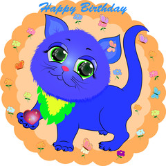 birthday greeting card with blue cat. cartoon vector illustration with kitty.