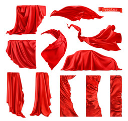 Red curtain vectorized image. Drapery fabric 3d realistic vector set - obrazy, fototapety, plakaty