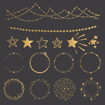 Golden Set with Stars, Garland and Frames. Christmas Collection
