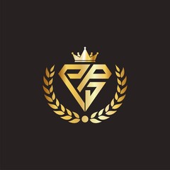 Luxury letter  p p j in diamond shape with crown and wreath on dark background