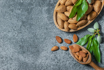 Top view Almond nuts in wooden shovel, almonds with shell in bamboo bowl on white table with green fresh raw almonds on almond tree branch. Almond background concept with copy space