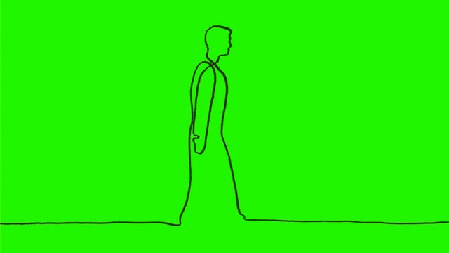 2d Animation motion graphics continuous line drawing of a man walking viewed from side on white and green screen with alpha matte in HD high definition.