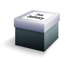 Cardboard blue decorative box with a sticker free delivery on a white background, vector illustration