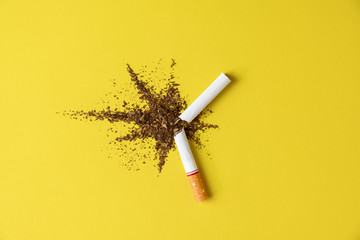 Close up cigarette broken tobacco blast spread on yellow pastel background with light side and little shadow. No and quitting smoking concept. - obrazy, fototapety, plakaty