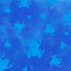 Fototapeta na wymiar Frogs, Blue, hopping, jumping, pond animals. watercolor background 