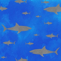 Blue watercolor gray sharks swimming background 
