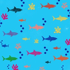 Underwater Watercolor Sharks Swimming Background 