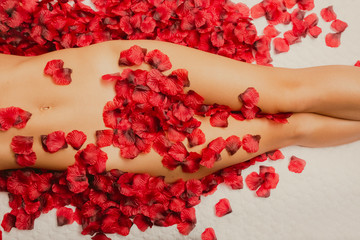 Caucasian woman's hips, thighs, and stomach covered by rose petals on a bed - obrazy, fototapety, plakaty