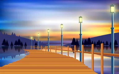 Tuinposter landscape of wooden walkway at the river in sunset © เอกชัย โททับไทย