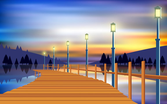 landscape of wooden walkway at the river in sunset