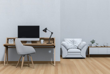 interior room design for working area with desktop computer. 3d render