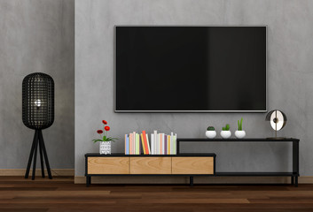 3D rendering of interior living room with Smart TV, cabinet, and decorations.