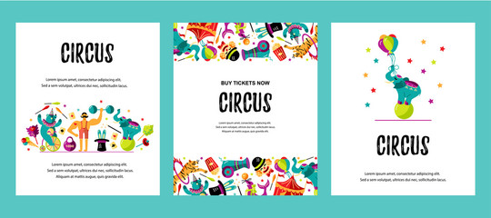 Obraz premium Circus. Vector illustration set with animals, clowns and magicians. Template for circus show, party invitation, poster, kids birthday. Flat style.