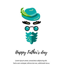 Happy Father's day!  Man face with hat, glasses and beard. Flat style vector illustration.
