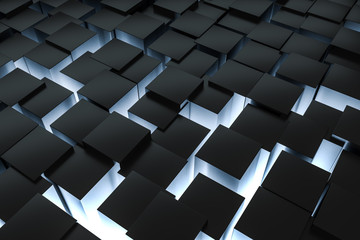 Fototapeta premium 3d rendering, dark background, cube bricks with light effect. Computer digital background.