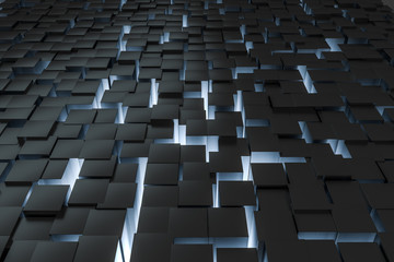 Obraz premium 3d rendering, dark background, cube bricks with light effect. Computer digital background.