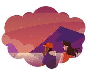 interracial couple contemplating horizon of sky sunset scene
