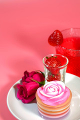 thai dessert sweet layered jelly cake  rose flower topping design Served with strawberry and decorate with pink red rose with romantic pink tone background