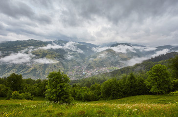 A green field in the front, foggy moutains