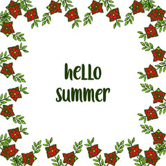 Vector illustration template hello summer for red floral frame isolated on white backdrop