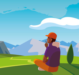 afro man contemplating the horizon in the field scene