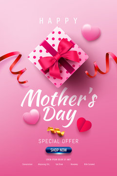 Happy Mother's Day Sale Poster or banner with gift box and sweet heart.Happy Mother's Day.Trendy Design Template for Mother's Day and love concept.Vector illustration EPS10