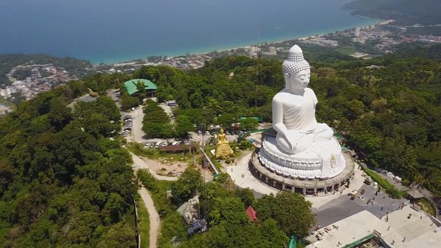 Aerial view Big Buddha of Phuket Thailand Height: 45 m. Reinforced concrete structure adorned with white jade marble Suryakanta from Myanmar (Burma).