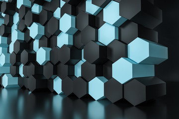 3d rendering, black and cyan hexagon cubes.