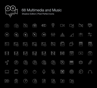 Multimedia and Music Pixel Perfect Icons (line style) Shadow Edition. Set of vector icons representing multimedia, music, audio, and sound in grey shading gradient for dark theme design.