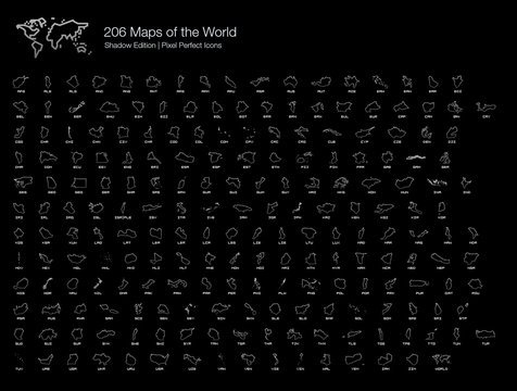 Maps of the World Pixel Perfect Icons (line style) Shadow Edition. Set of vector icons representing countries map of the world in isolated with grey shading gradient for dark theme design.