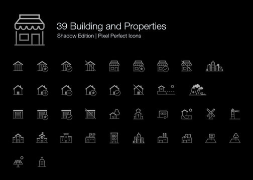 Building and Properties Pixel Perfect Icons (line style) Shadow Edition. Set of vector icons representing building, houses, and other properties in grey shading gradient for dark theme design.