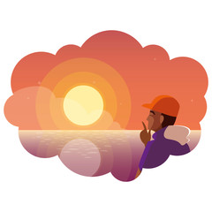 afro man contemplating horizon of sky sunset scene