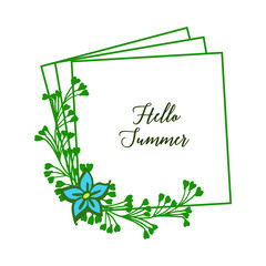 Vector illustration invitation card hello summer for ornate blue flower frame