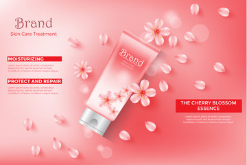 ads template of cosmetic, cream tube of cherry blossom essence with pink color