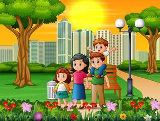Funny cartoon family in the beautiful park