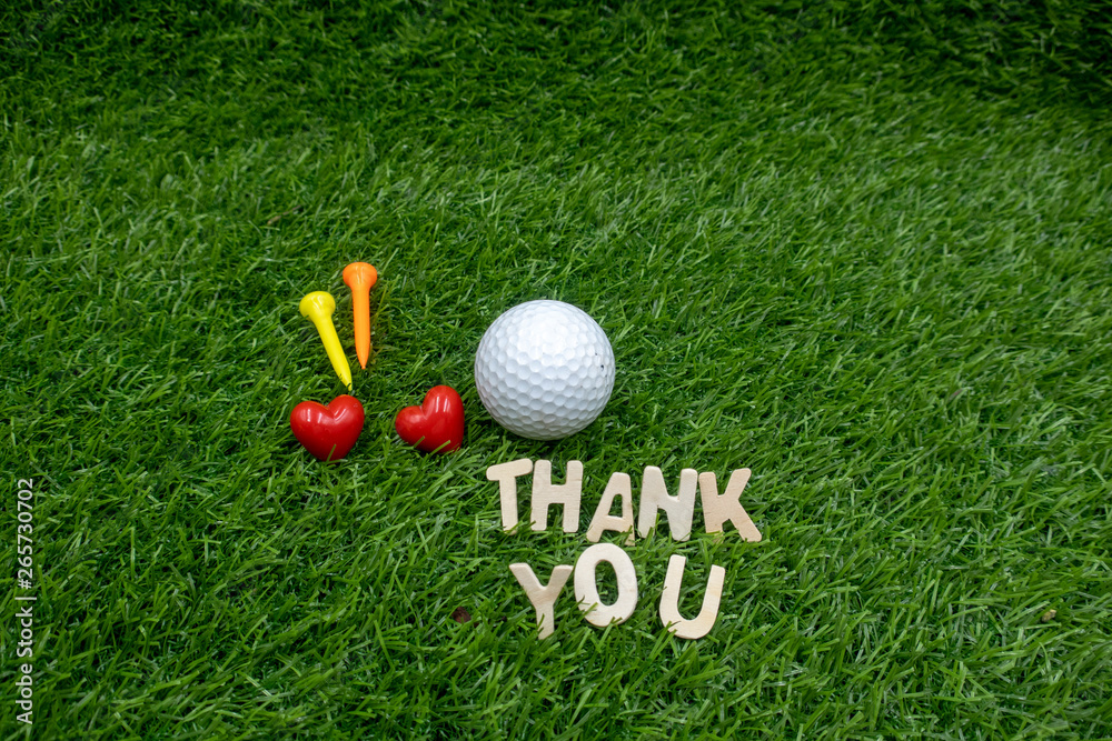 Wall mural golf ball with thank you word and tees are on green grass.