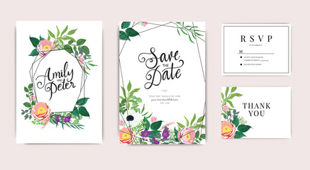 Wedding Invitation, floral invite thank you, rsvp modern card Design in pink rose with red berry and leaf greenery  branches decorative Vector elegant rustic template