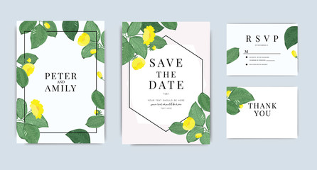 Wedding Invitation, floral invite thank you, rsvp modern card Design in yellow flower and leaf greenery  branches decorative Vector elegant rustic template
