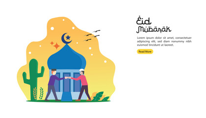 happy eid mubarak greeting concept with people character for web landing page template, banner, presentation, social, and print media. islamic eid fitr or adha flat design vector illustration.
