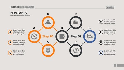 Seven elements process chart slide template. Business data. Option, diagram, design. Creative concept for infographic, presentation. Can be used for topics like management, consulting, strategy.