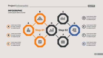 Seven elements process chart slide template. Business data. Step, diagram, design. Creative concept for infographic, presentation. Can be used for topics like management, consulting, workflow.