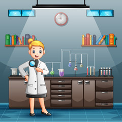 Cartoon female scientist holding magnifying glass