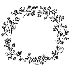 Wreath of black roses or peonies flowers and branches isolated of white. Foral frame design elements for invitations, greeting cards, posters, blogs. Hand drawn  illustration. Line art. Sketch - 265731349